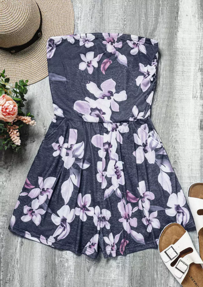 Floral Ruffled Pocket Open Back Strapless Bandeau Romper - Gray 7 Floral Ruffled Pocket Open Back Strapless Bandeau Romper - Gray - Image 5