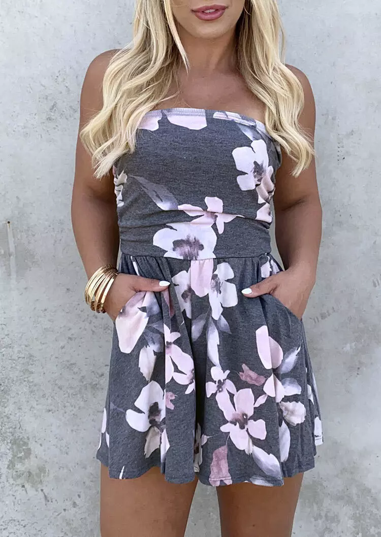 Floral Ruffled Pocket Open Back Strapless Bandeau Romper - Gray 4 Floral Ruffled Pocket Open Back Strapless Bandeau Romper - Gray - Image 2