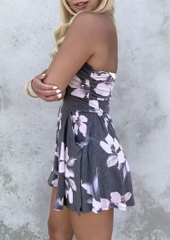 Floral Ruffled Pocket Open Back Strapless Bandeau Romper - Gray 9 Floral Ruffled Pocket Open Back Strapless Bandeau Romper - Gray -Garment Sale Store 476015 979852554 124
