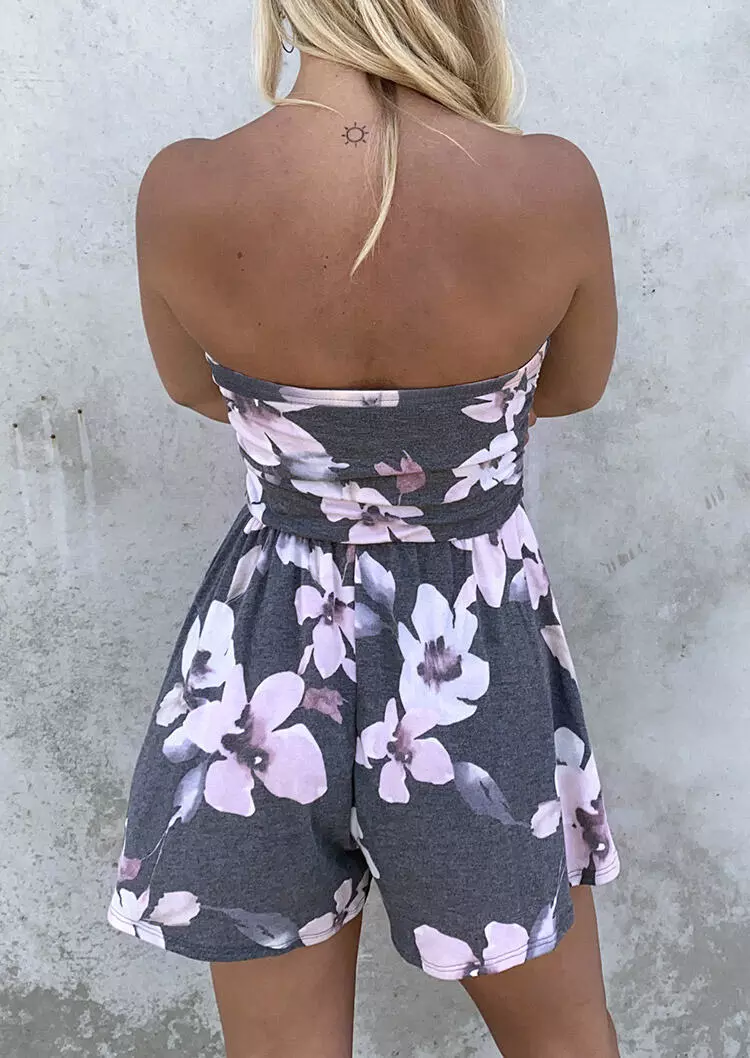 Floral Ruffled Pocket Open Back Strapless Bandeau Romper - Gray 6 Floral Ruffled Pocket Open Back Strapless Bandeau Romper - Gray - Image 4