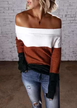 Color Block Off Shoulder Knitted Sweater -Garment Sale Store 481332 554850574 124