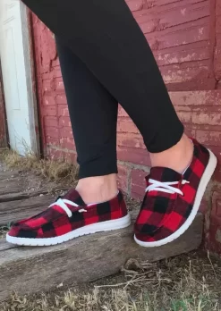 Buffalo Plaid Lace Up Round Toe Flat Sneakers - Red -Garment Sale Store 487426 102555010 124