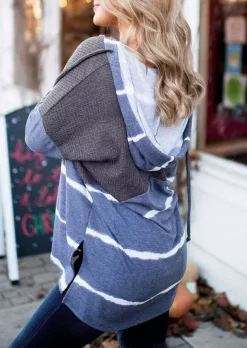 Striped Waffle Splicing Button Drawstring Slit Hoodie - Blue -Garment Sale Store 492610 971004949 124