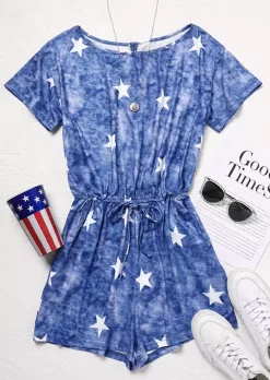 Tie Dye Star Hollow Out Elastic Waist Drawstring Romper - Blue 10 Tie Dye Star Hollow Out Elastic Waist Drawstring Romper - Blue -Garment Sale Store 493268 1 494950515 124