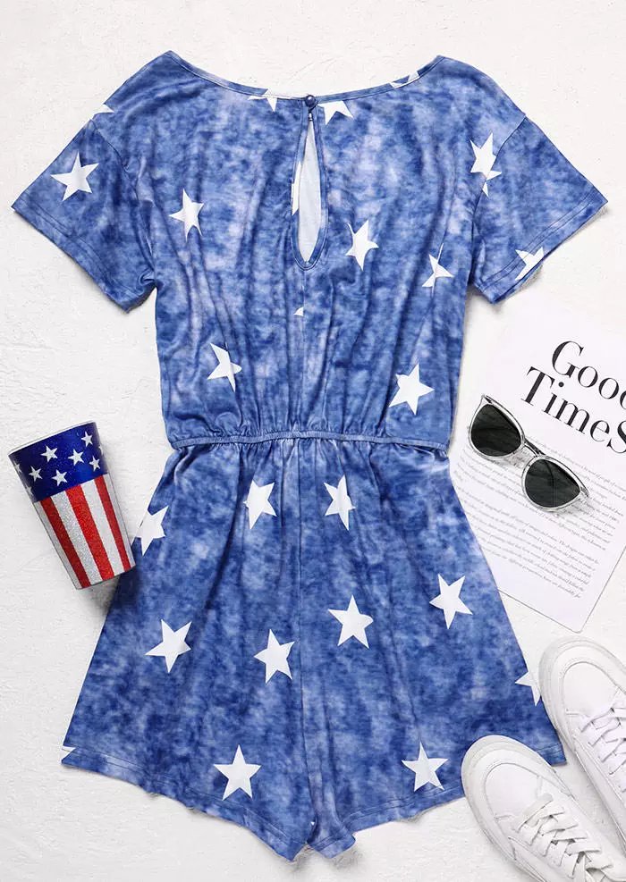 Tie Dye Star Hollow Out Elastic Waist Drawstring Romper - Blue 7 Tie Dye Star Hollow Out Elastic Waist Drawstring Romper - Blue - Image 5