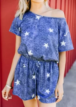 Tie Dye Star Hollow Out Elastic Waist Drawstring Romper - Blue