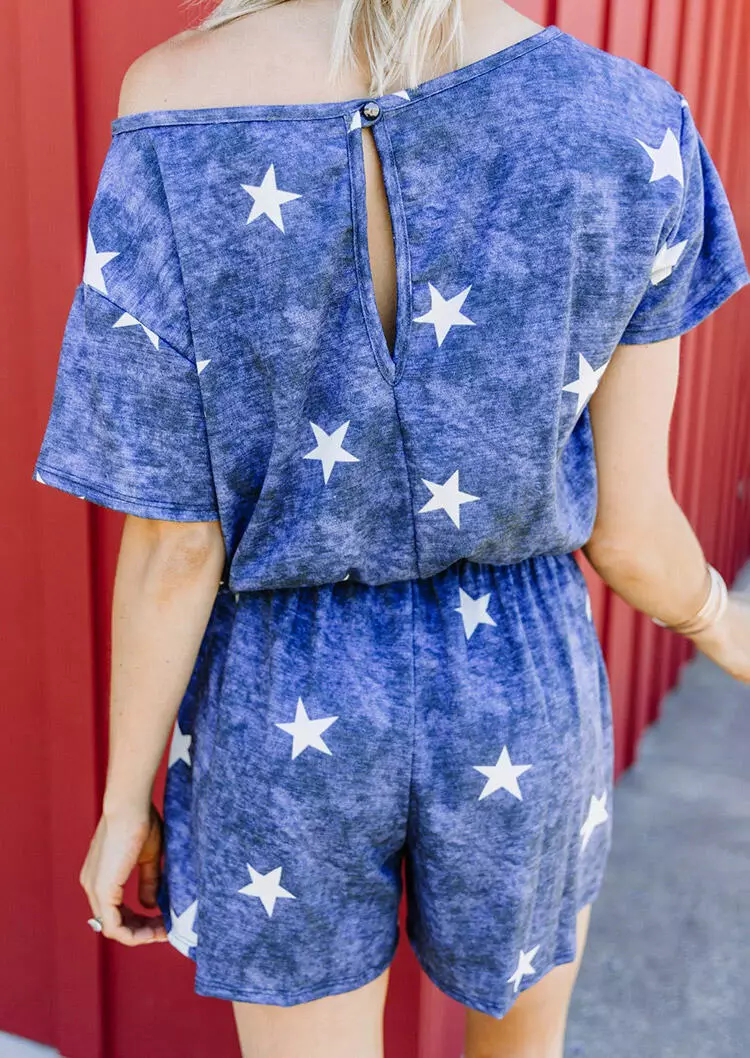 Tie Dye Star Hollow Out Elastic Waist Drawstring Romper - Blue 4 Tie Dye Star Hollow Out Elastic Waist Drawstring Romper - Blue - Image 2