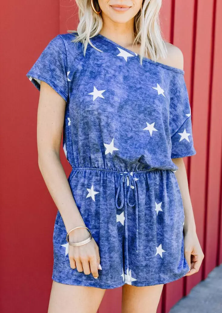 Tie Dye Star Hollow Out Elastic Waist Drawstring Romper - Blue 5 Tie Dye Star Hollow Out Elastic Waist Drawstring Romper - Blue - Image 3
