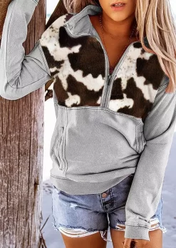 Cow Pocket Long Sleeve Zipper Collar Pullover Sweatshirt - Gray