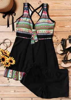 Colorful Striped Geometric Hollow Out Tankini Set - Black -Garment Sale Store 494685 565448565 124