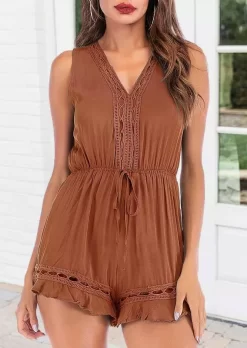 Ruffled Drawstring Elastic Waist V-Neck Romper - Light Coffee