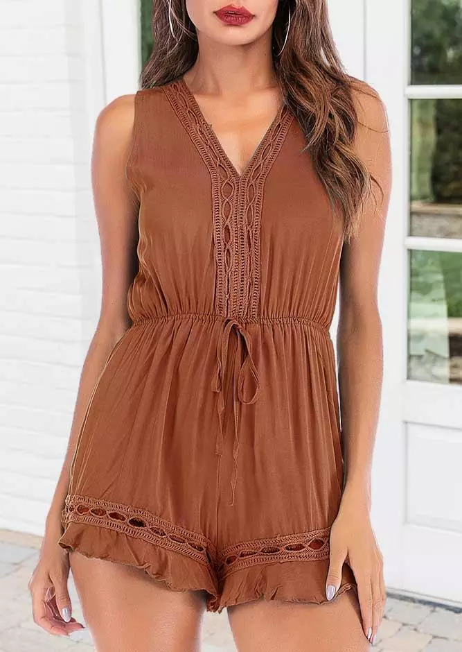 Ruffled Drawstring Elastic Waist V-Neck Romper - Light Coffee 3 Ruffled Drawstring Elastic Waist V-Neck Romper - Light Coffee