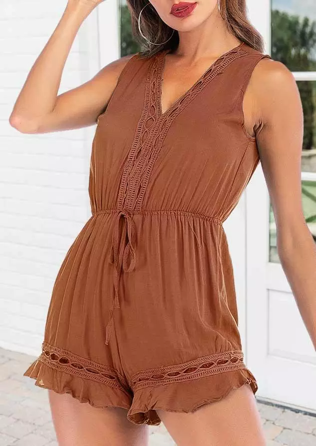 Ruffled Drawstring Elastic Waist V-Neck Romper - Light Coffee 5 Ruffled Drawstring Elastic Waist V-Neck Romper - Light Coffee - Image 3