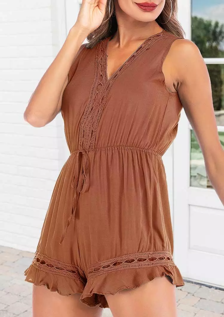 Ruffled Drawstring Elastic Waist V-Neck Romper - Light Coffee 4 Ruffled Drawstring Elastic Waist V-Neck Romper - Light Coffee - Image 2