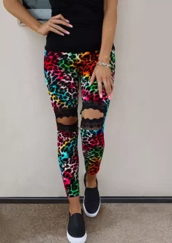 Tie Dye Leopard Lace Splicing Hollow Out Slim Pants