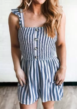 Striped Ruffled Button Smocked Waist Romper