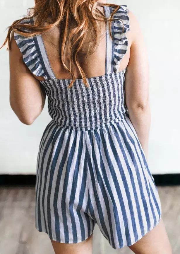 Striped Ruffled Button Smocked Waist Romper 4 Striped Ruffled Button Smocked Waist Romper - Image 2