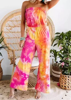 Tie Dye Elastic Waist Strapless Wide Leg Jumpsuit