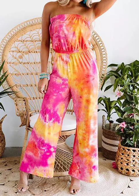 Tie Dye Elastic Waist Strapless Wide Leg Jumpsuit 3 Tie Dye Elastic Waist Strapless Wide Leg Jumpsuit