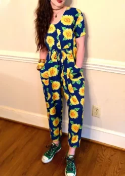 Sunflower Pocket Drawstring Elastic Waist Jumpsuit - Blue