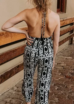 Geometric Drawstring Open Back Halter Vintage Jumpsuit -Garment Sale Store 500758 100525198 124