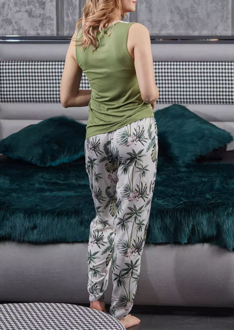 Lace Splicing Tank And Floral Palm Leaf Pants Pajamas Set - Green 4 Lace Splicing Tank And Floral Palm Leaf Pants Pajamas Set - Green - Image 2