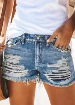 Pocket Button Ripped Hole Denim Shorts - Blue