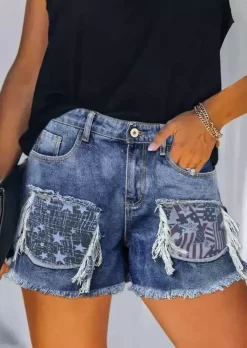 American Flag Star Striped Frayed Hem Denim Shorts - Blue