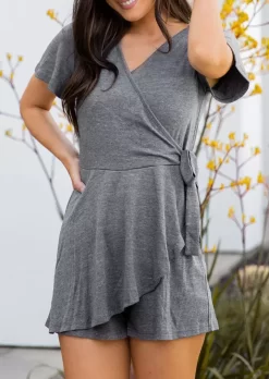 Asymmetric Tie Wrap V-Neck Romper - Gray