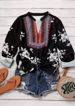 Retro National Floral Notched Neck Blouse