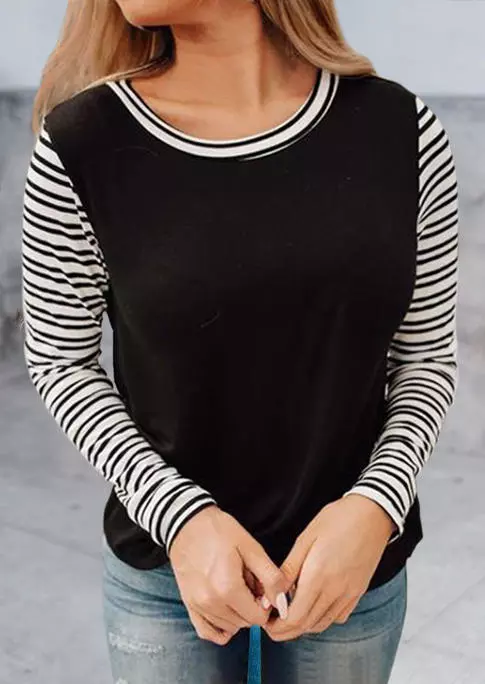 Striped Splicing O-Neck Long Sleeve Blouse - Black 3 Striped Splicing O-Neck Long Sleeve Blouse - Black