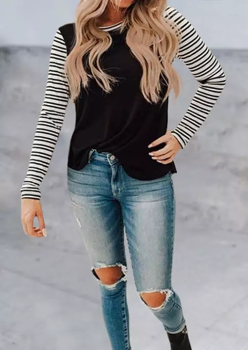 Striped Splicing O-Neck Long Sleeve Blouse - Black 5 Striped Splicing O-Neck Long Sleeve Blouse - Black - Image 3