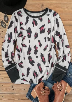 Leopard Splicing Long Sleeve Blouse - Light Grey -Garment Sale Store 510593 565355101 124