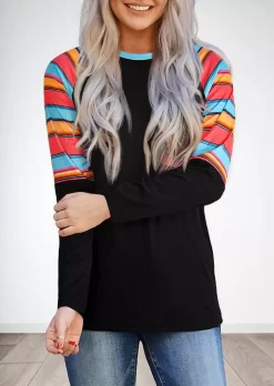 Colorful Striped Raglan Sleeve Blouse - Black