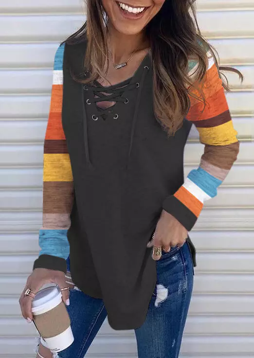 Color Block Lace Up Long Sleeve Blouse - Dark Grey 4 Color Block Lace Up Long Sleeve Blouse - Dark Grey - Image 2