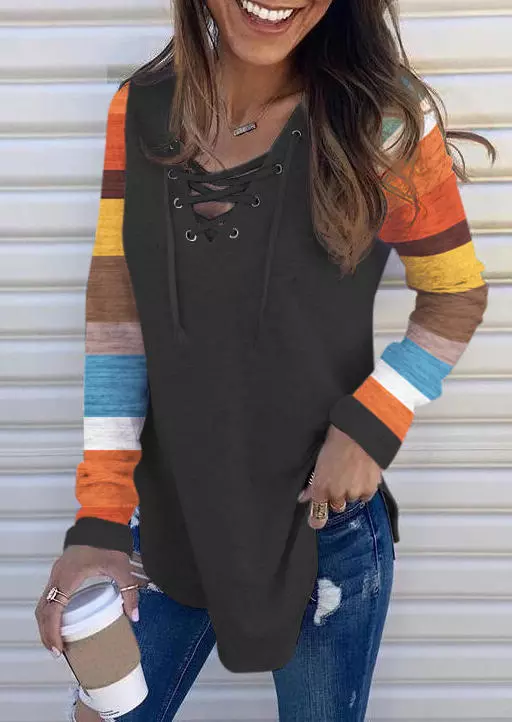 Color Block Lace Up Long Sleeve Blouse - Dark Grey 3 Color Block Lace Up Long Sleeve Blouse - Dark Grey