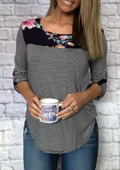 Striped Floral Splicing O-Neck Blouse