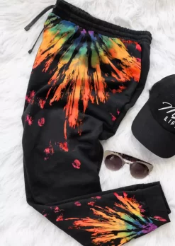 Reverse Tie Dye Rainbow Elastic Waist Pants - Black