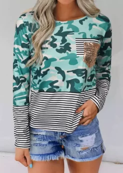 Camouflage Striped Splicing Sequined Blouse