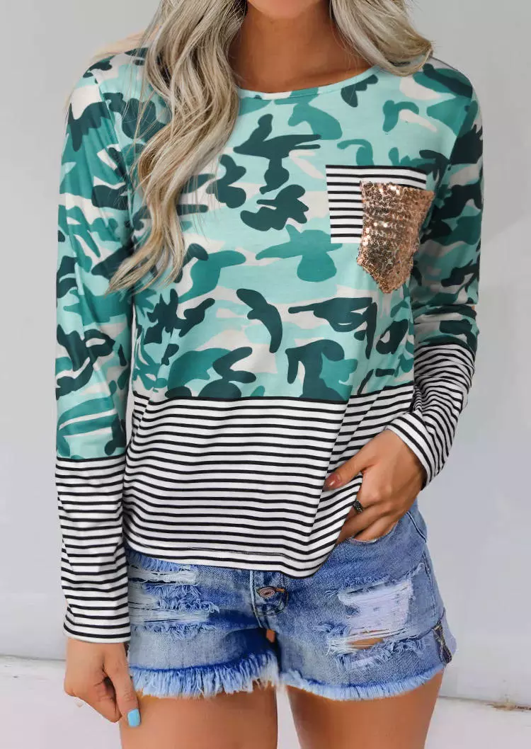 Camouflage Striped Splicing Sequined Blouse 3 Camouflage Striped Splicing Sequined Blouse