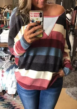 Colorful Striped Splicing Mesh O-Neck Blouse