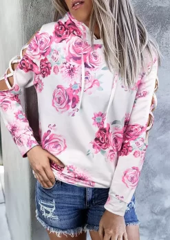 Floral Drawstring Cold Shoulder Criss-Cross Hoodie
