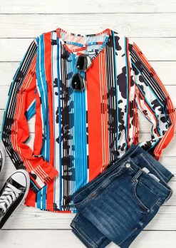 Criss-Cross Striped Cow Long Sleeve Blouse -Garment Sale Store 511671 565554545 124