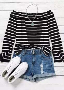 Striped Off Shoulder Slit Long Sleeve Blouse -Garment Sale Store 511782 555048991 124