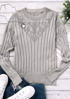 Floral Long Sleeve O-Neck Sweater - Khaki -Garment Sale Store 511910 974997509 124