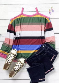 Color Block Striped Cold Shoulder Blouse 5 Color Block Striped Cold Shoulder Blouse -Garment Sale Store 511987 571011025 124