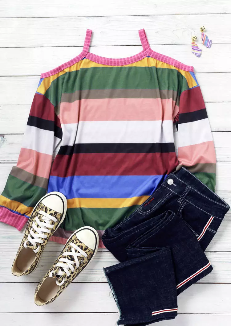Color Block Striped Cold Shoulder Blouse 4 Color Block Striped Cold Shoulder Blouse - Image 2