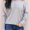 Cold Shoulder Long Sleeve V-Neck Blouse - Gray
