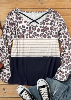 Leopard Striped Splicing Criss-Cross Blouse -Garment Sale Store 512215 485149531 124