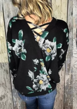 Criss-Cross Floral Long Sleeve Blouse